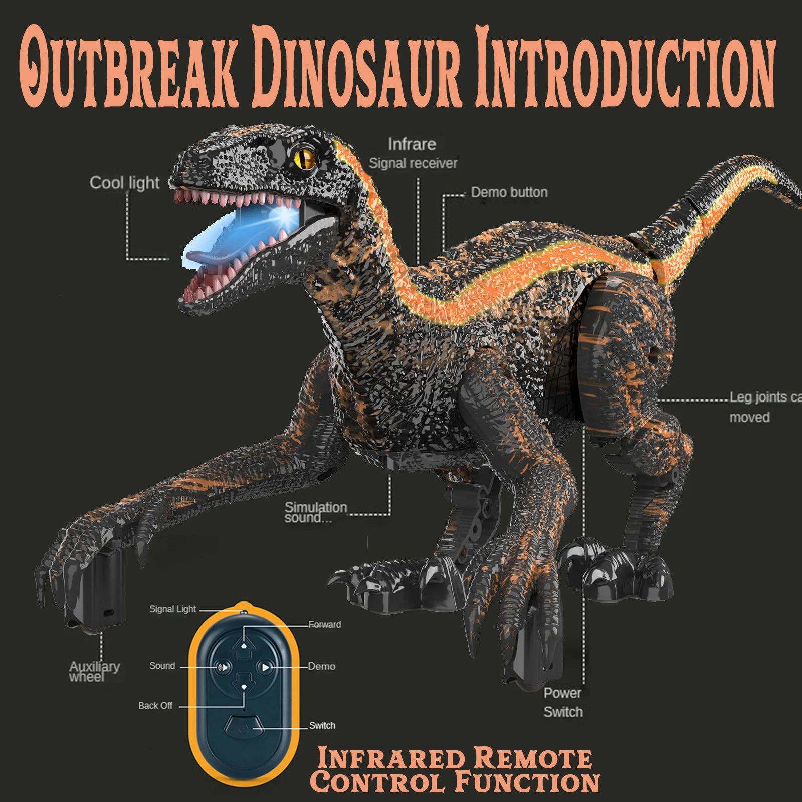 Remote Control Jurassic Dinosaur Toys (With LED Light And Roaring)